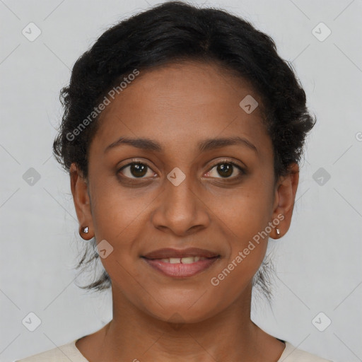 Joyful latino young-adult female with short  brown hair and brown eyes