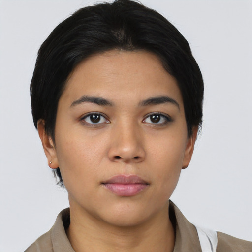 Neutral asian young-adult female with short  black hair and brown eyes