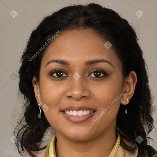 Joyful latino young-adult female with long  brown hair and brown eyes