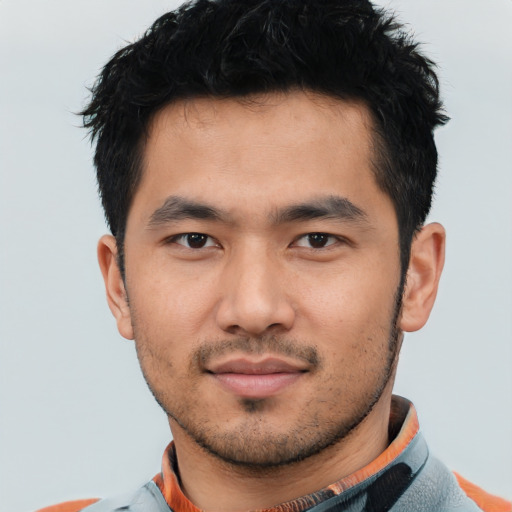 Neutral asian young-adult male with short  black hair and brown eyes