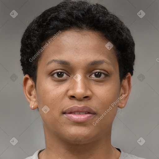 Neutral black young-adult female with short  brown hair and brown eyes