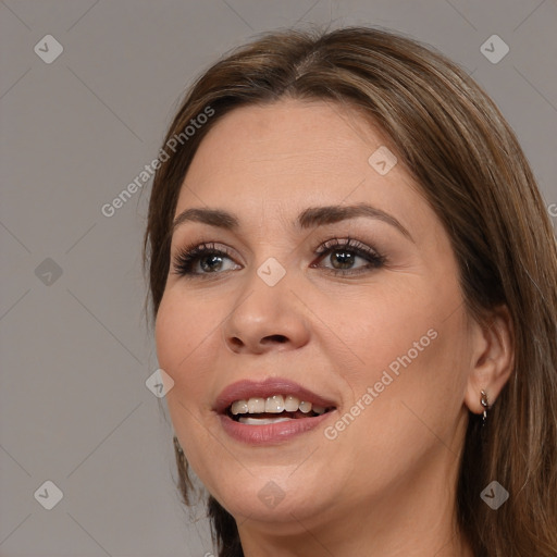 Joyful white young-adult female with medium  brown hair and brown eyes