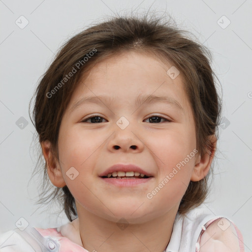 Joyful white child female with medium  brown hair and brown eyes