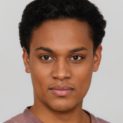 Neutral black young-adult female with short  black hair and brown eyes