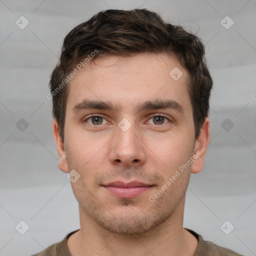 Neutral white young-adult male with short  brown hair and brown eyes