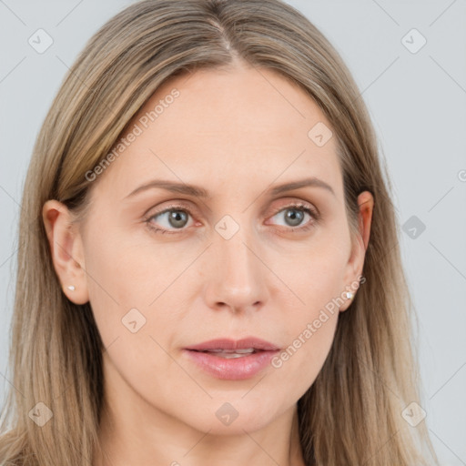 Neutral white young-adult female with long  brown hair and grey eyes