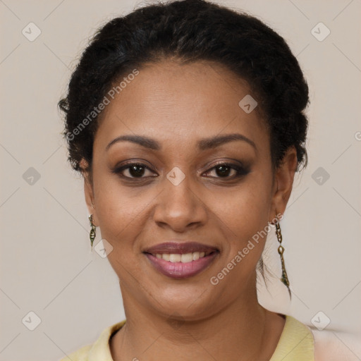 Joyful latino young-adult female with short  black hair and brown eyes