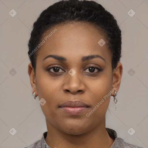 Neutral black young-adult female with short  black hair and brown eyes