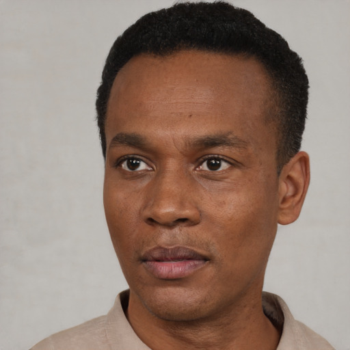 Neutral black young-adult male with short  black hair and brown eyes