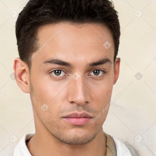 Neutral white young-adult male with short  brown hair and brown eyes