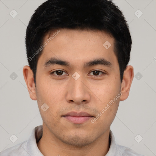 Neutral asian young-adult male with short  black hair and brown eyes