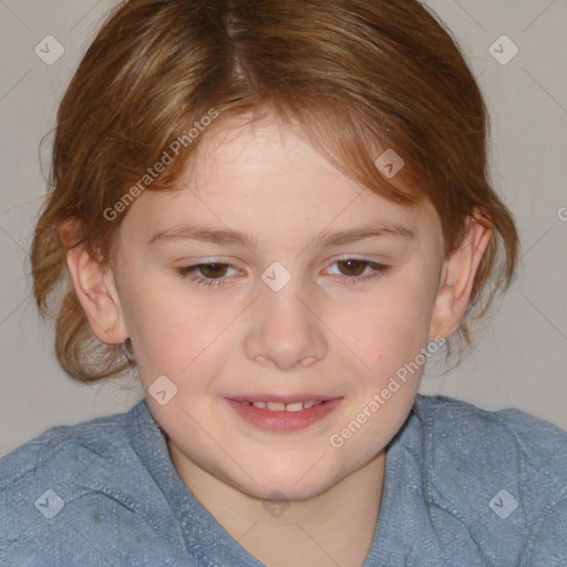 Joyful white child female with medium  brown hair and brown eyes