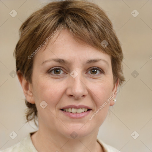 Joyful white adult female with medium  brown hair and brown eyes