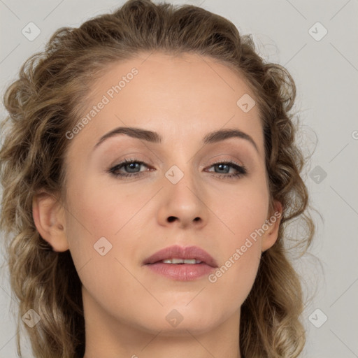 Neutral white young-adult female with medium  brown hair and brown eyes