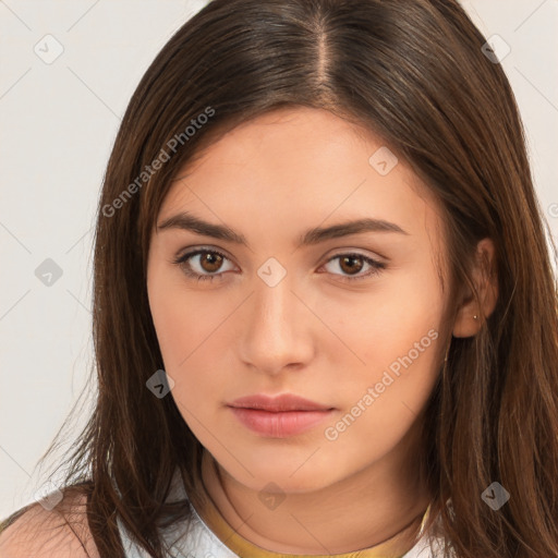 Neutral white young-adult female with long  brown hair and brown eyes