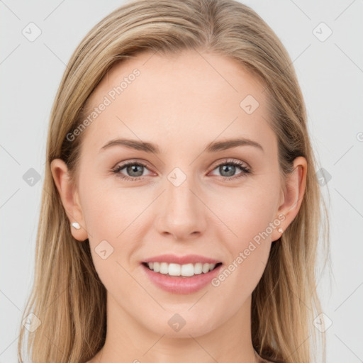 Joyful white young-adult female with long  brown hair and grey eyes