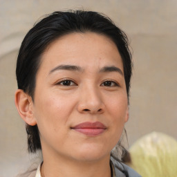 Joyful asian young-adult female with medium  brown hair and brown eyes