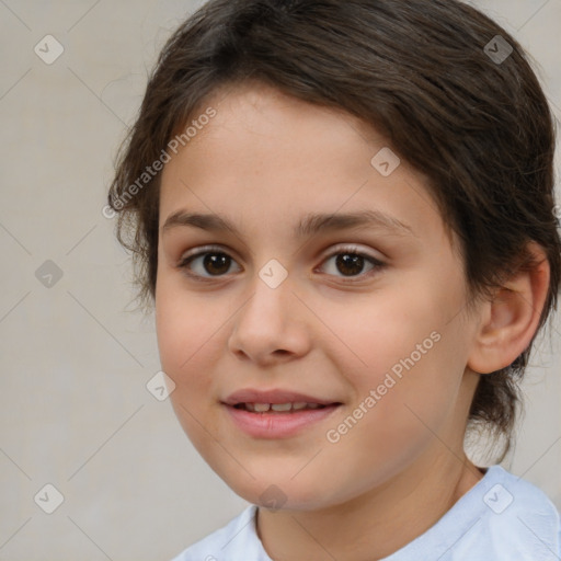 Joyful white child female with medium  brown hair and brown eyes