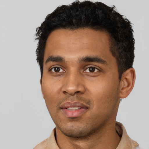 Neutral black young-adult male with short  black hair and brown eyes