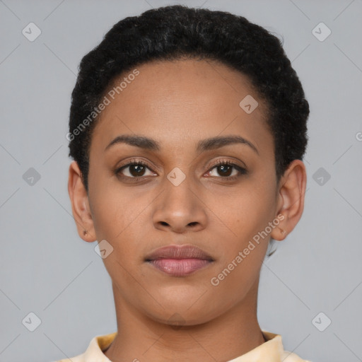 Neutral black young-adult female with short  black hair and brown eyes