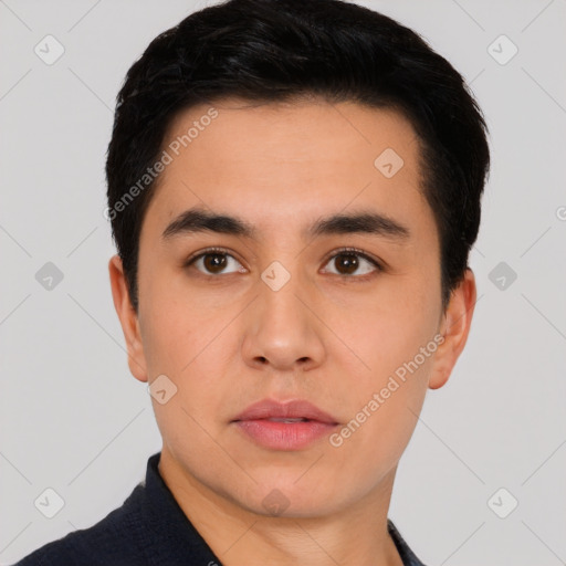 Neutral asian young-adult male with short  black hair and brown eyes