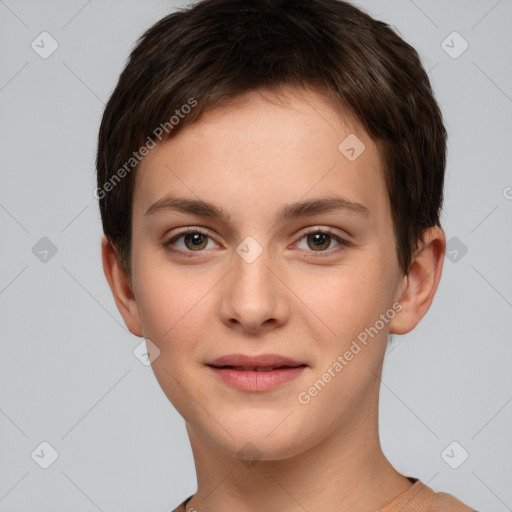 Joyful white young-adult female with short  brown hair and brown eyes