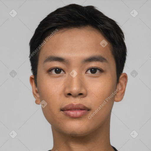 Neutral asian young-adult male with short  black hair and brown eyes