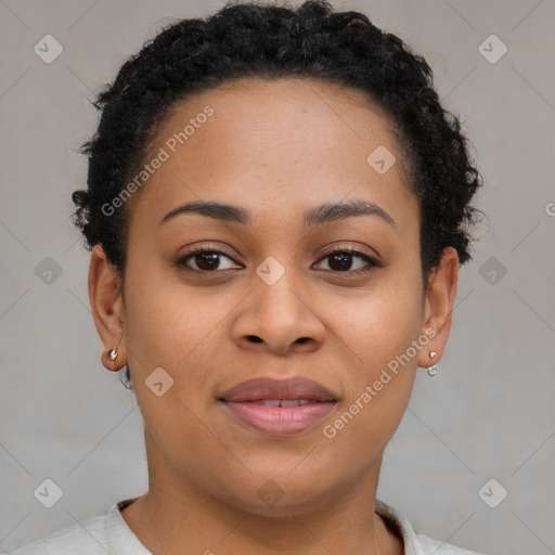 Joyful latino young-adult female with short  brown hair and brown eyes