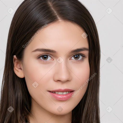 Neutral white young-adult female with long  brown hair and brown eyes