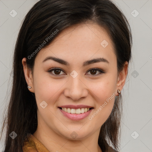 Joyful white young-adult female with long  brown hair and brown eyes