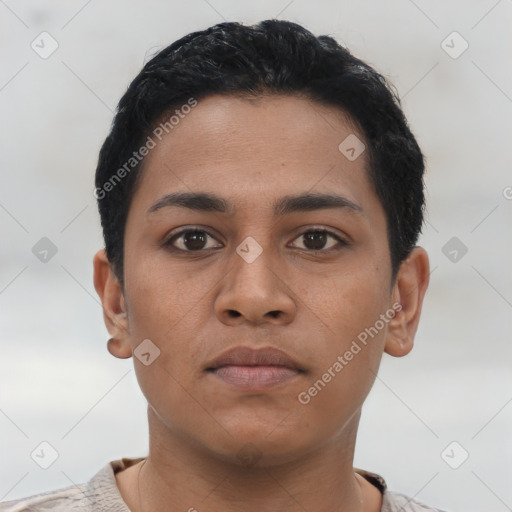 Neutral latino young-adult male with short  black hair and brown eyes