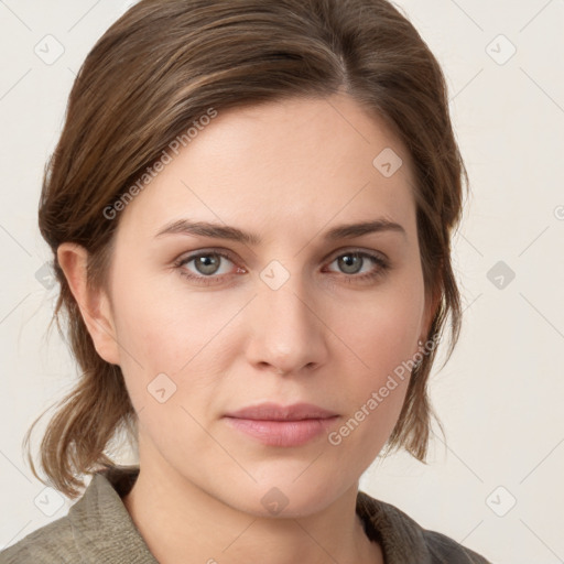 Neutral white young-adult female with medium  brown hair and grey eyes