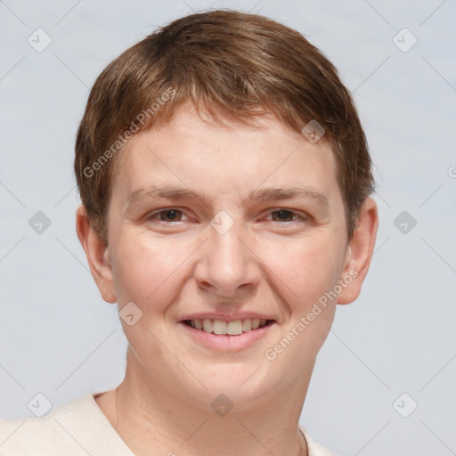 Joyful white young-adult female with short  brown hair and brown eyes