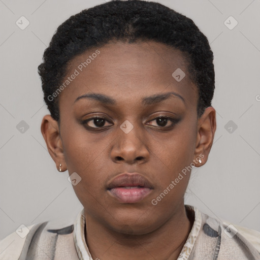 Neutral black young-adult female with short  brown hair and brown eyes