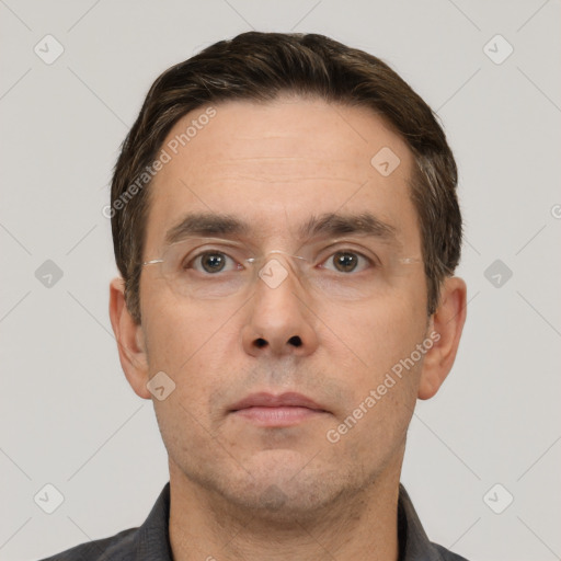 Neutral white adult male with short  brown hair and brown eyes