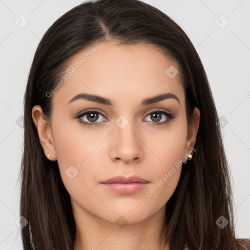 Neutral white young-adult female with long  brown hair and brown eyes