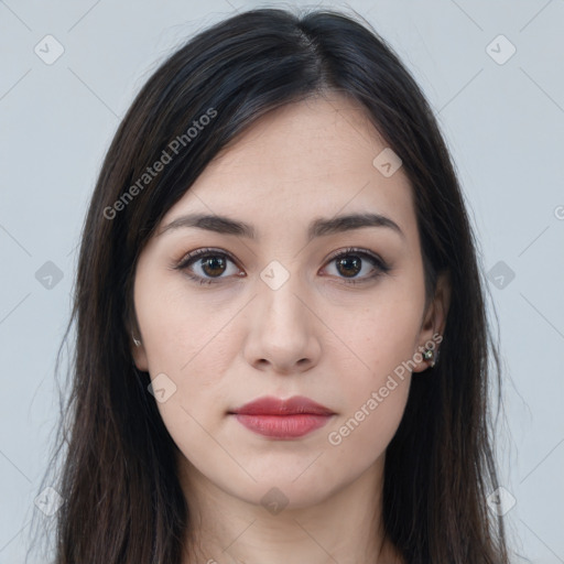 Neutral white young-adult female with long  brown hair and brown eyes