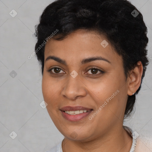 Joyful latino young-adult female with short  brown hair and brown eyes