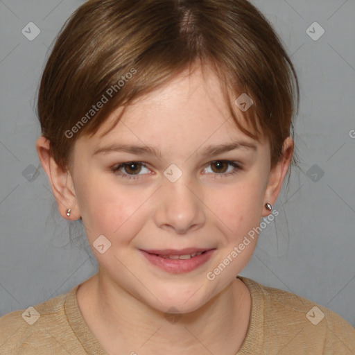 Joyful white child female with medium  brown hair and brown eyes