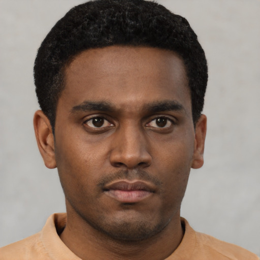 Neutral black young-adult male with short  black hair and brown eyes