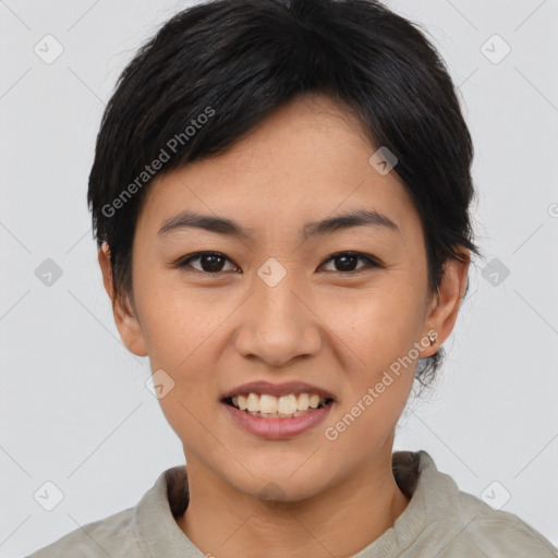 Joyful asian young-adult female with short  brown hair and brown eyes