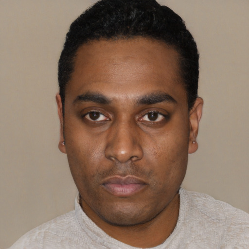 Neutral black young-adult male with short  black hair and brown eyes