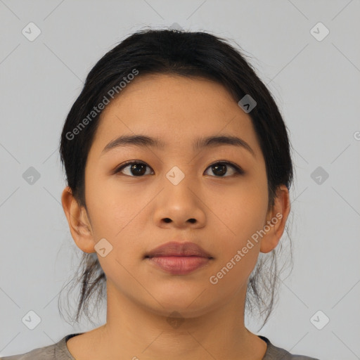 Neutral asian young-adult female with medium  brown hair and brown eyes