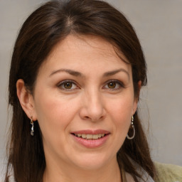 Joyful white adult female with medium  brown hair and grey eyes