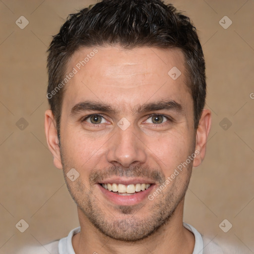 Joyful white young-adult male with short  brown hair and brown eyes