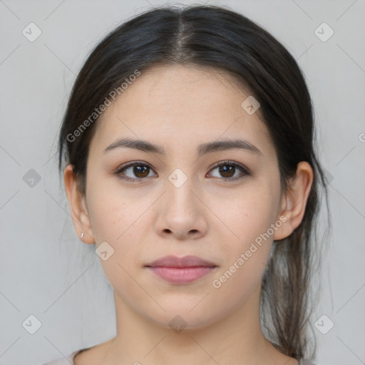 Joyful white young-adult female with medium  brown hair and brown eyes