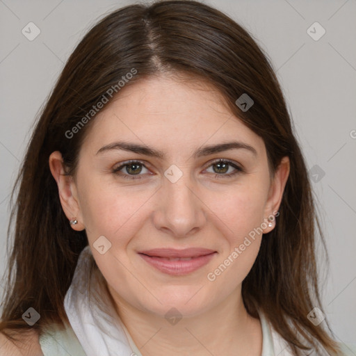 Joyful white young-adult female with medium  brown hair and brown eyes