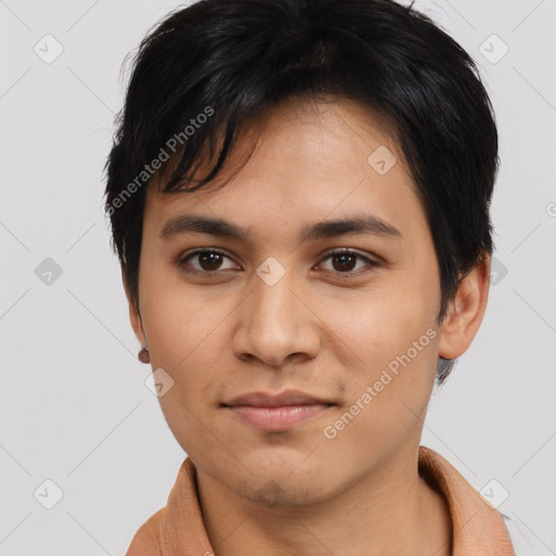 Joyful asian young-adult male with short  black hair and brown eyes