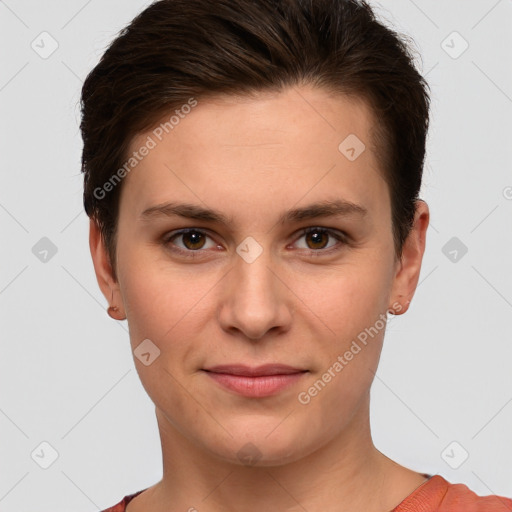 Joyful white young-adult female with short  brown hair and grey eyes