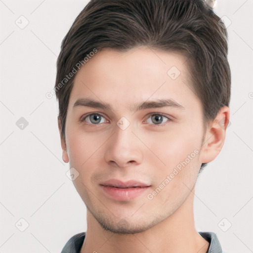 Neutral white young-adult male with short  brown hair and brown eyes